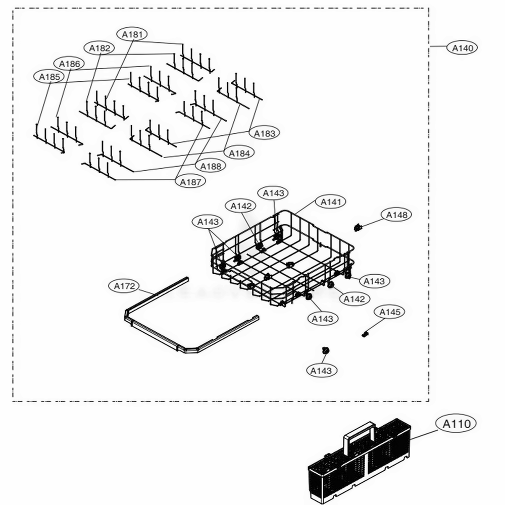 Lower Rack Assembly Diagram and Parts List for LDT7808SS ASSESNA LG Dishwasher