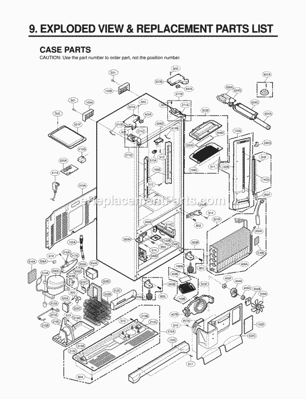 Case Parts Exploded View & Replacement Parts Diagram and Parts List for LFX25975SW LFX25975SW/00 LG Refrigerator