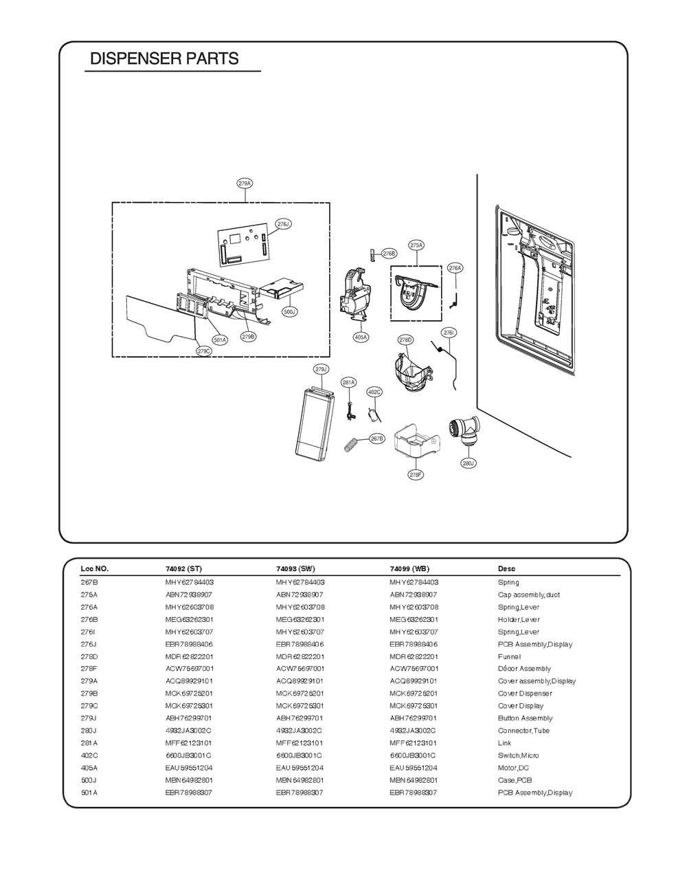 Dispenser Parts 74092 (St) 74093 (Sw} 74099 (Wb) Diagram and Parts List for GR-L328HSUM ASTCSE0 LG Refrigerator