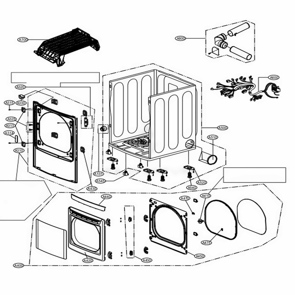Cabinet And Door Assembly Diagram and Parts List for DLE1501W ABWEEUS LG Dryer