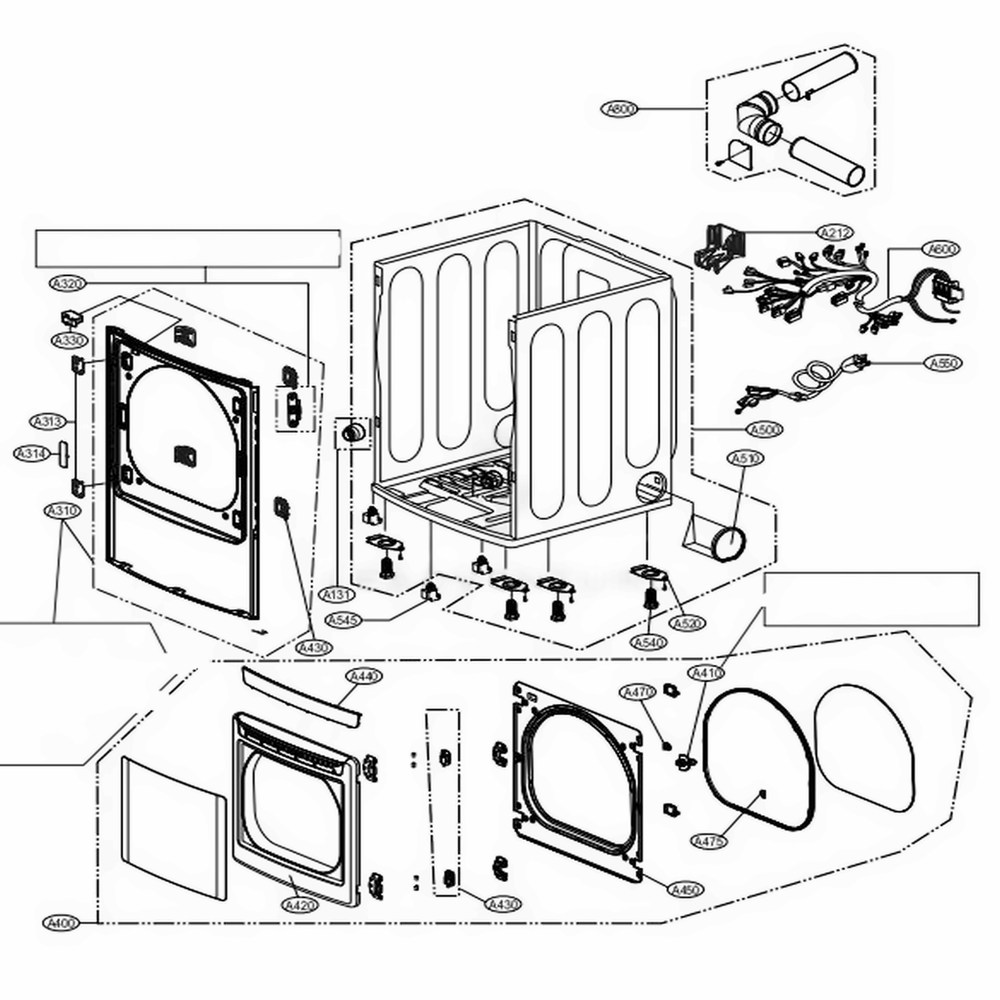 Cabinet And Door Assembly Diagram and Parts List for DLE1001W ABWEEUS LG Dryer