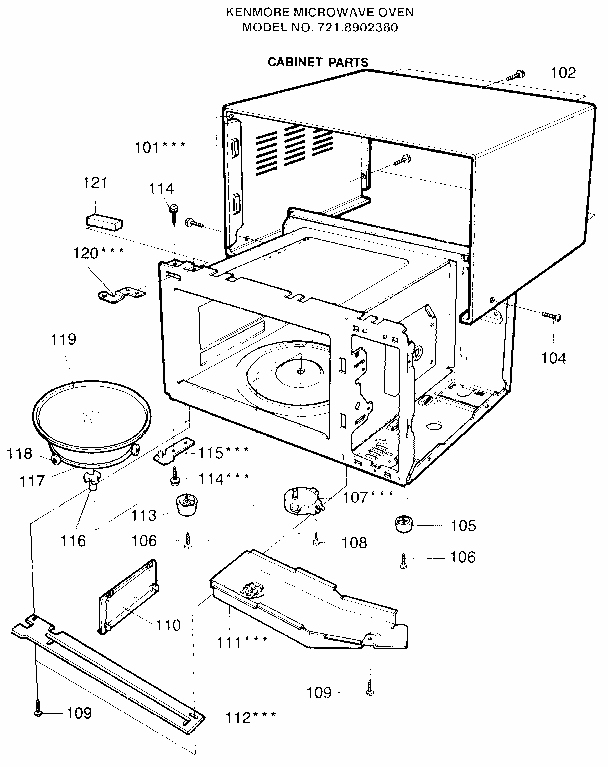 Cabinet Diagram and Parts List for 7218902380  Kenmore Microwave