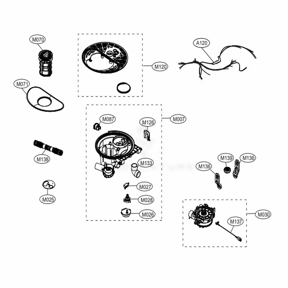 Sump Assembly Diagram and Parts List for LUDP8908SN ASTEEUS LG Dishwasher