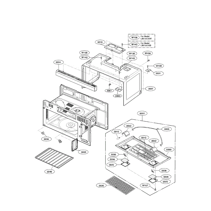 Oven Cavity Diagram and Parts List for LMV1813SW 00 LG Microwave Oven Combo