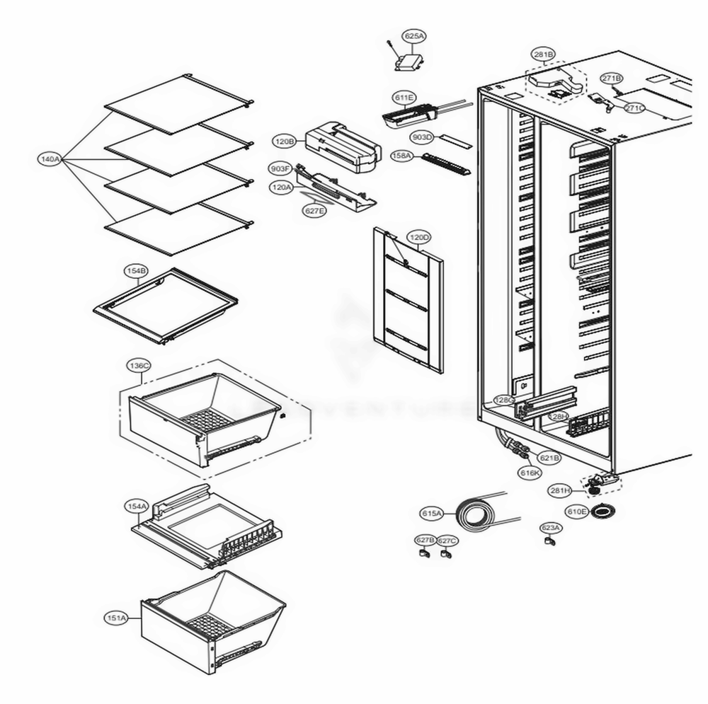 Refrigerator Compartment Diagram and Parts List for LSXS26366S ASTCNA7 LG Refrigerator