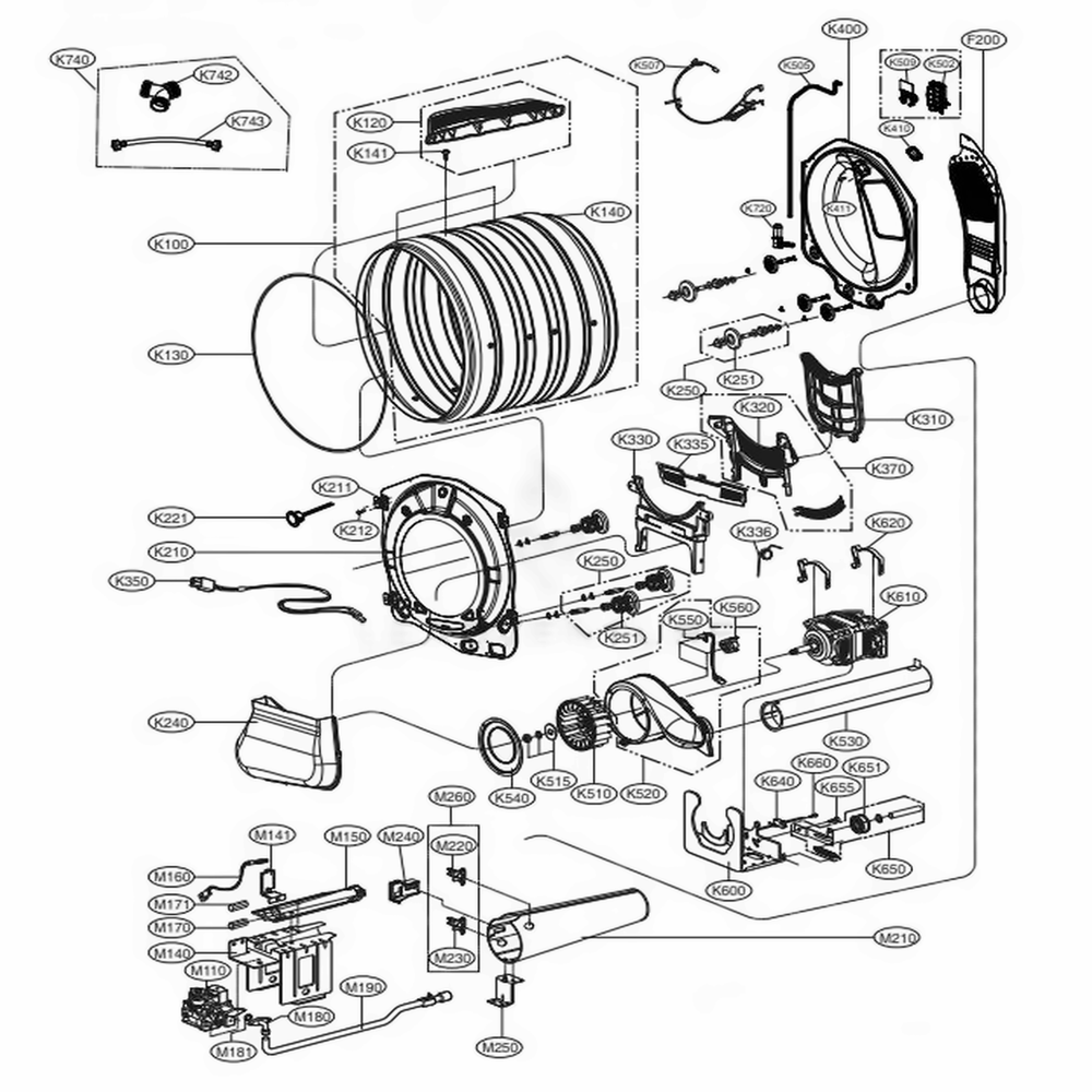 Drum And Motor Assembly Gas Type Diagram and Parts List for 91982 ABWESEU LG Dryer