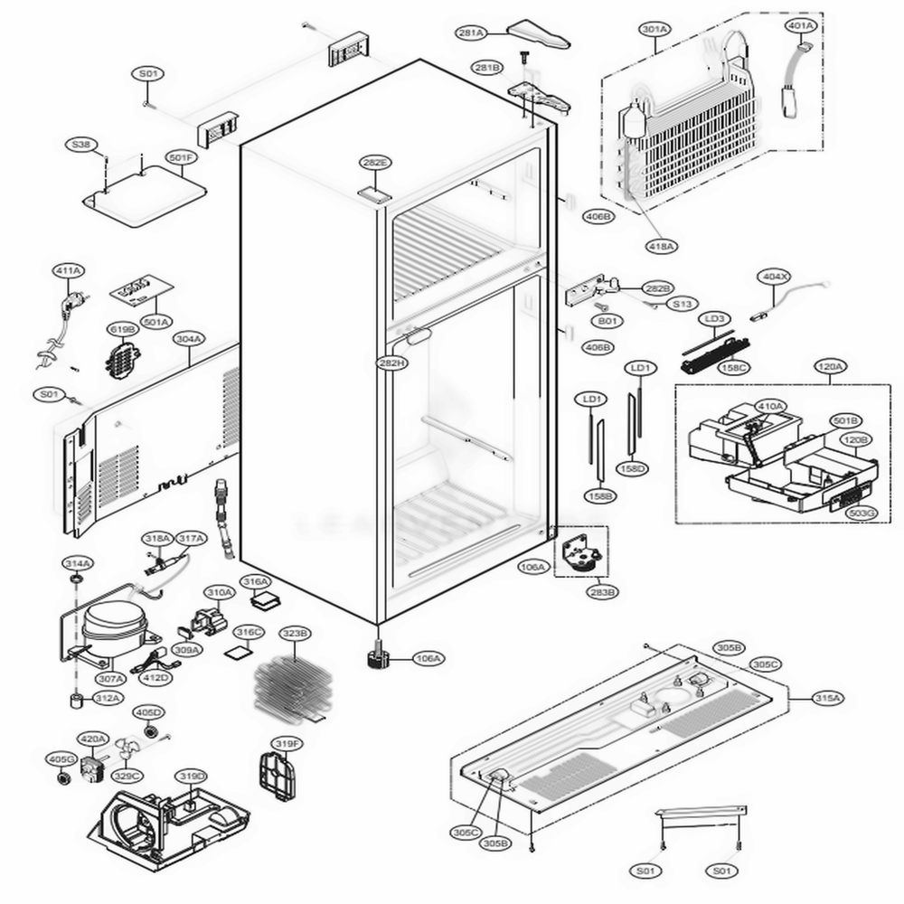 Case Parts Diagram and Parts List for 68039 AWBCSE8 LG Refrigerator
