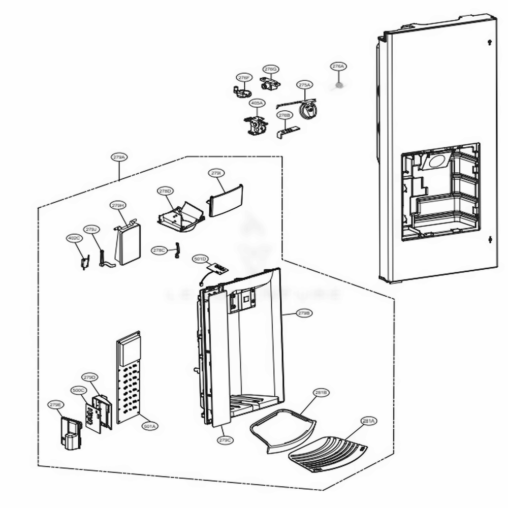 Dispenser Parts Diagram and Parts List for LFX28991ST ASTCNA1 LG Refrigerator