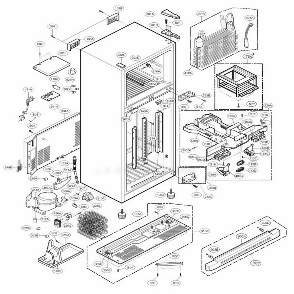 Case Parts Diagram and Parts List for LRTN19330TT ATICLGY LG Refrigerator