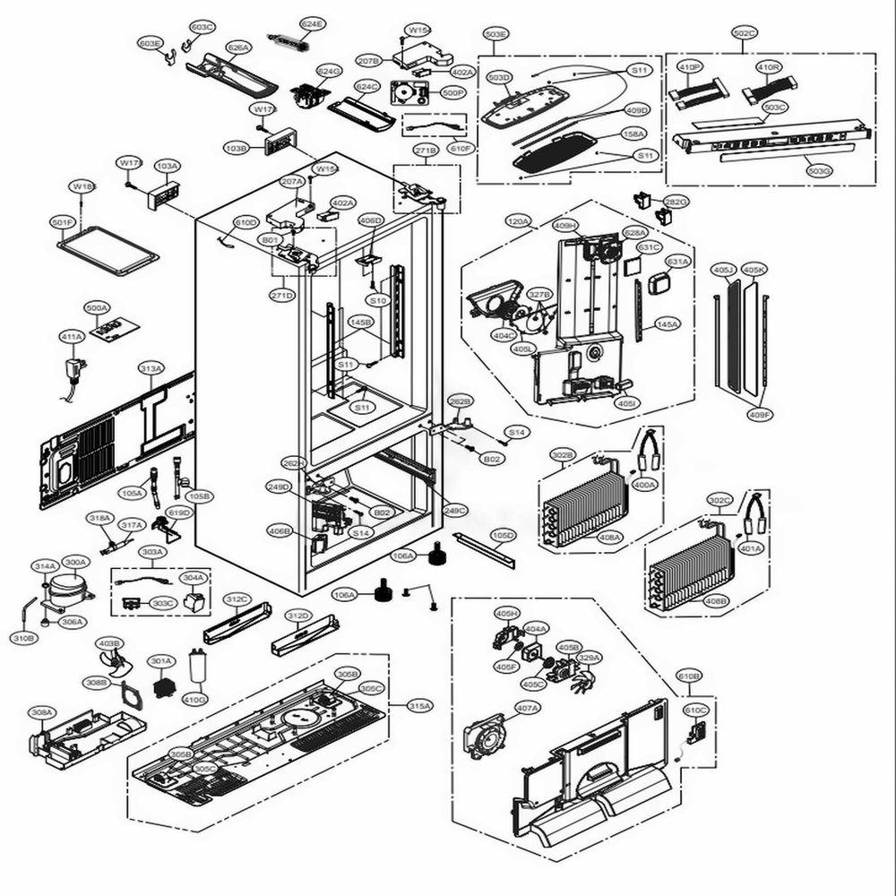 Case Parts Diagram and Parts List for 74029 AWBCSE1 LG Refrigerator