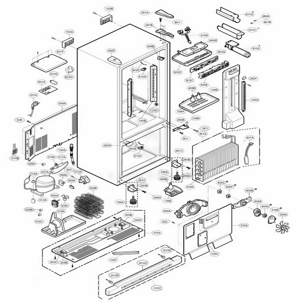 Case Parts Diagram and Parts List for LRDN20725SW ASWCLGX LG Refrigerator