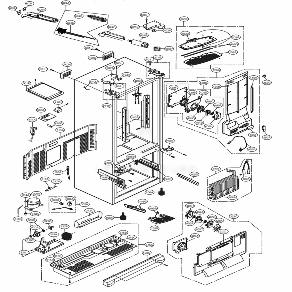 Case Parts Diagram and Parts List for LFX28979SW ASWCNA1 LG Refrigerator