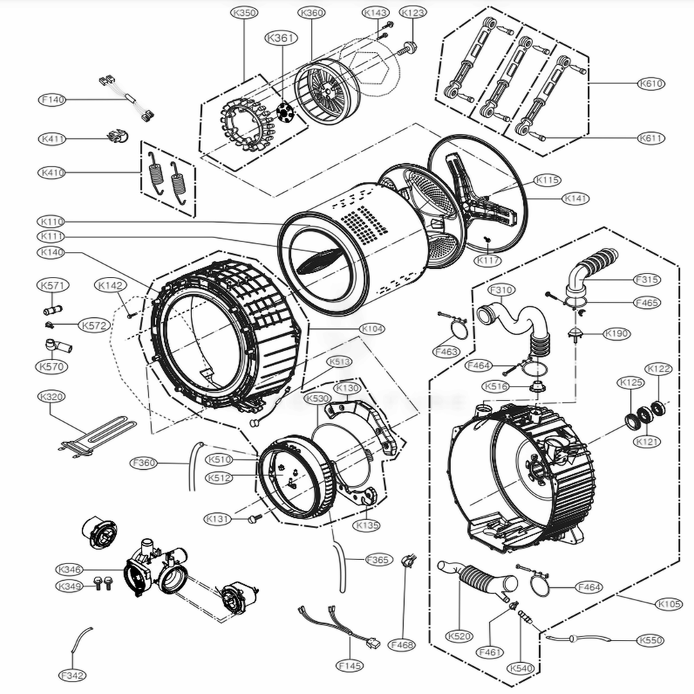 Drum And Tub Assembly Diagram and Parts List for 41783 ASTESEU LG Washer