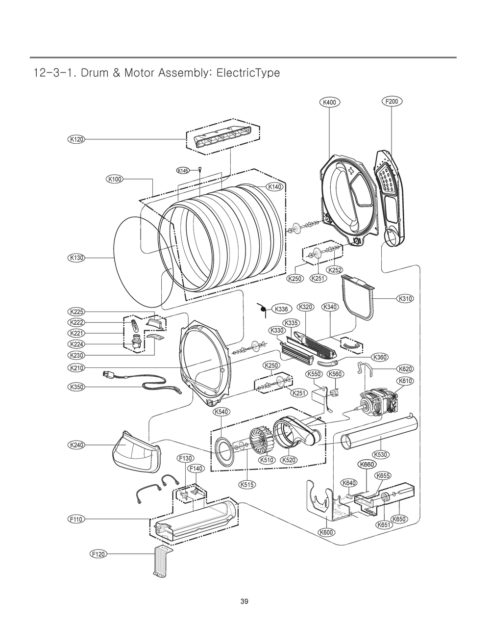 Drum And Motor Assembly Diagram and Parts List for RV1385A ABWEEUS LG Dryer