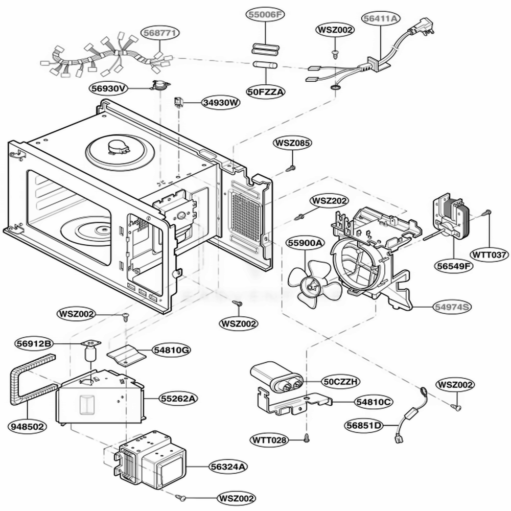 Interior Parts Diagram and Parts List for KCMS185JWH AWHEKAD LG Wall Oven