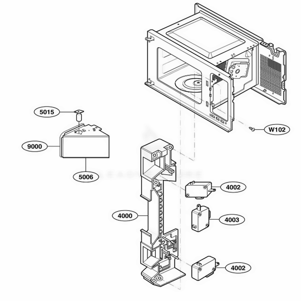 Latch Board Parts Diagram and Parts List for 65052 CW1ESEA LG Wall Oven