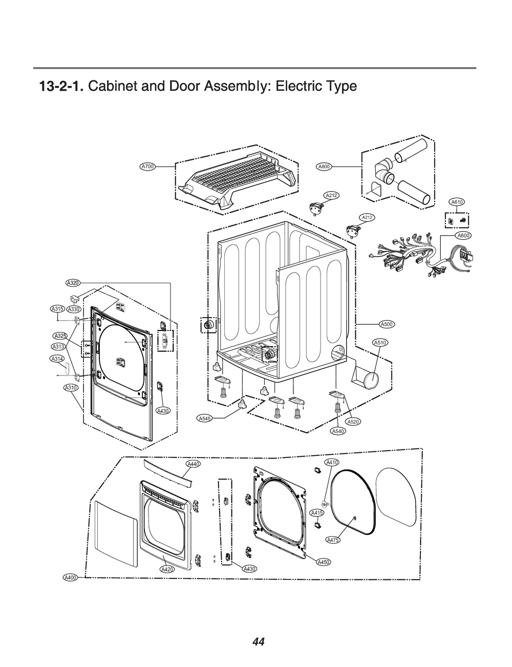 Cabinet And Door Assembly Diagram and Parts List for DLE7050V ASSEEUS LG Dryer
