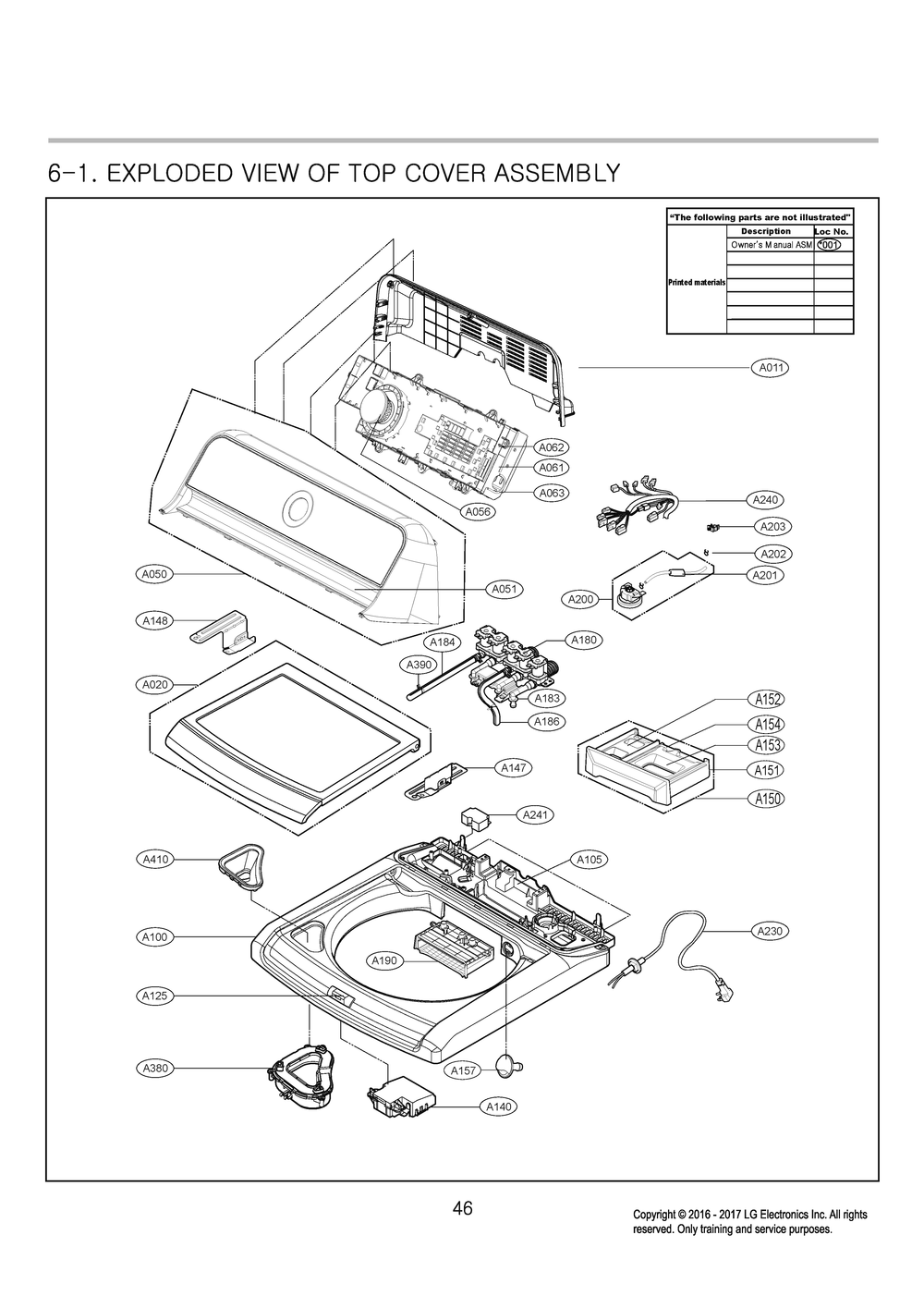 Top Cover Assembly Diagram and Parts List for T1780WFHT ABWETUS LG Washer