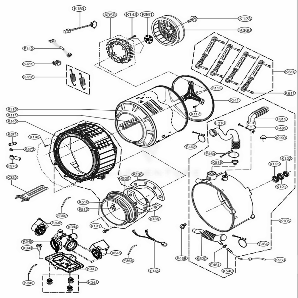 Drum And Tub Assembly Diagram and Parts List for GCWW1069CD7 ASSEELC LG Washer