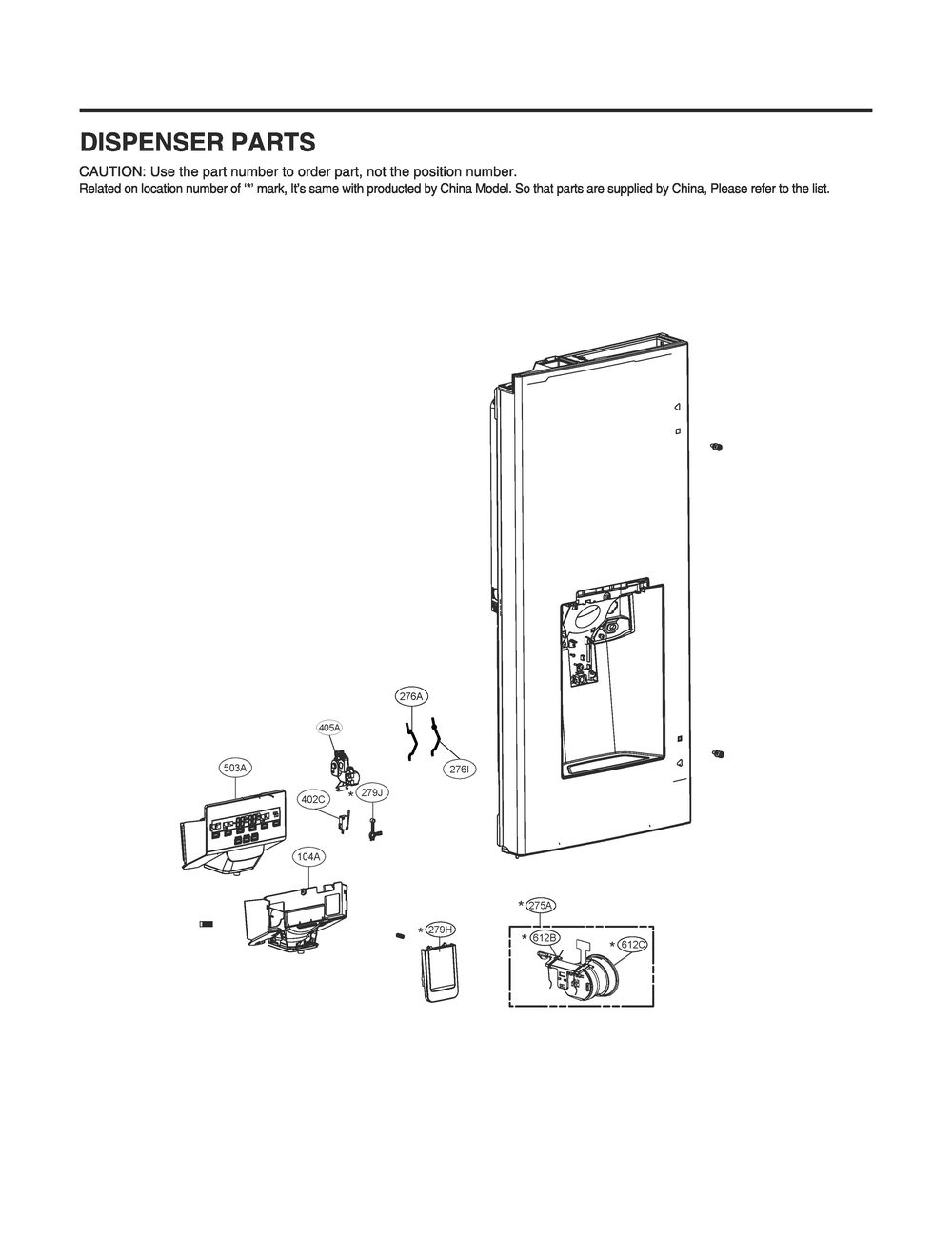 Dispenser Parts Diagram and Parts List for GR-J288NKXM ASBCNA4 LG Refrigerator