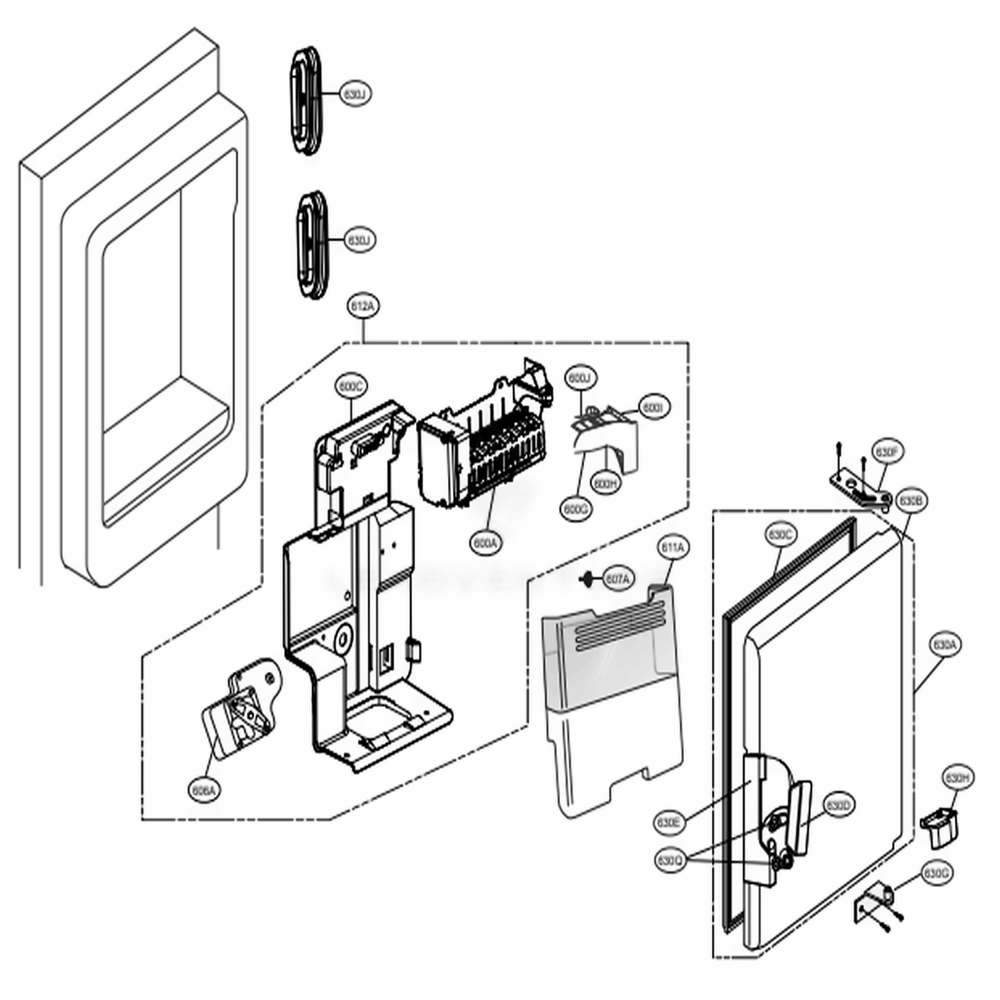 Ice Maker And Ice Bin Parts Diagram and Parts List for 74043 ASTCSE1 LG Refrigerator