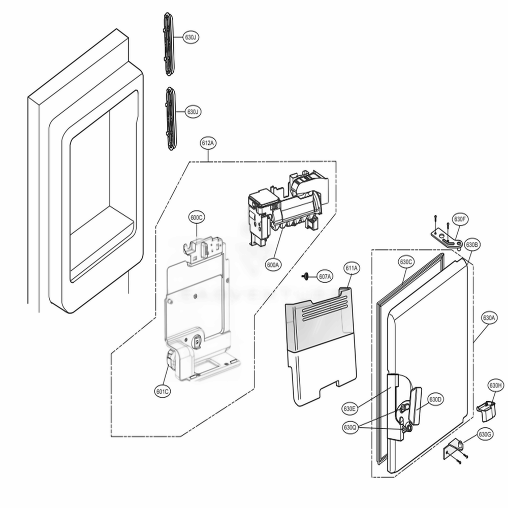 Ice Maker And Ice Bin Parts Diagram and Parts List for 73115 ASTCSE2 LG Refrigerator