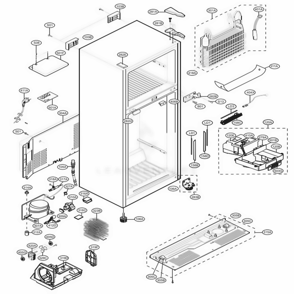 Case Parts Diagram and Parts List for 78039 AWBCSE4 LG Refrigerator