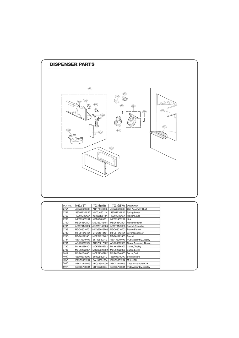 Dispenser Parts Diagram and Parts List for GC-J258GSXL ASTCSE0 LG Refrigerator