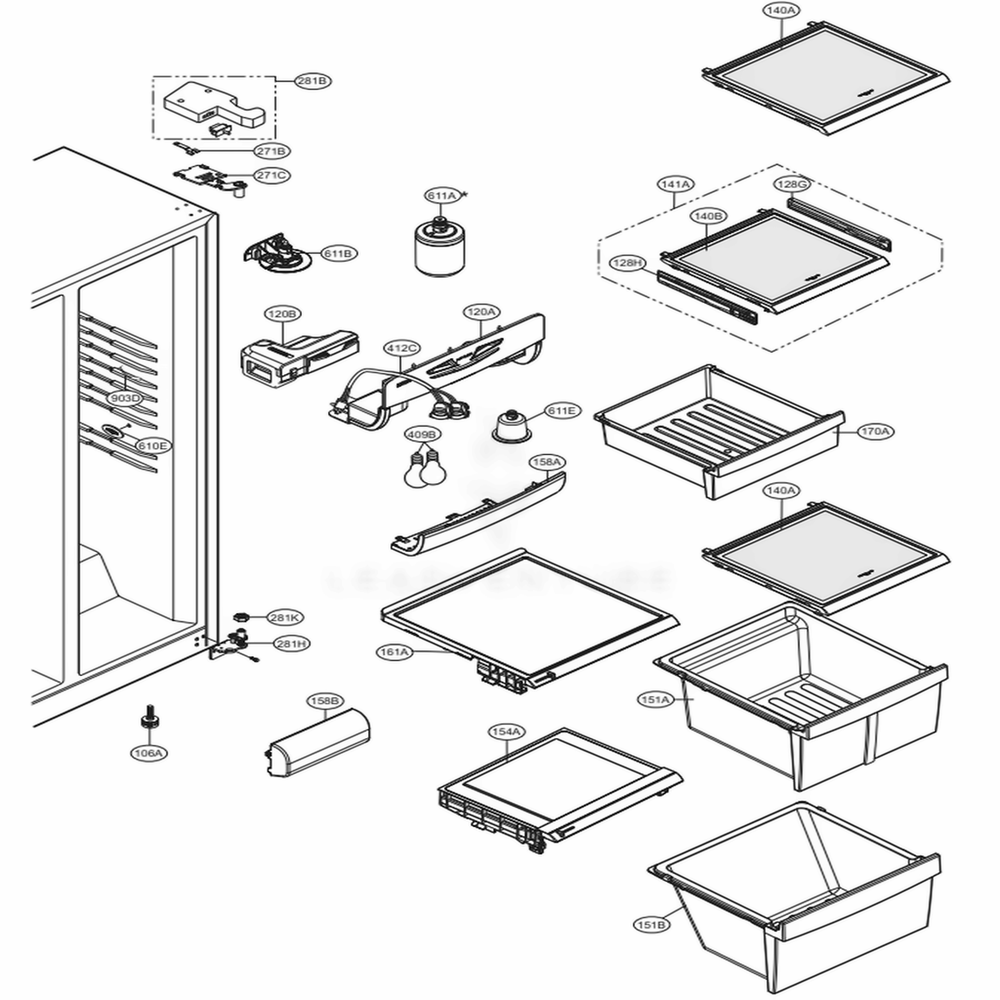 Refrigertor Compartment Diagram and Parts List for 51019 AWB1SER LG Refrigerator