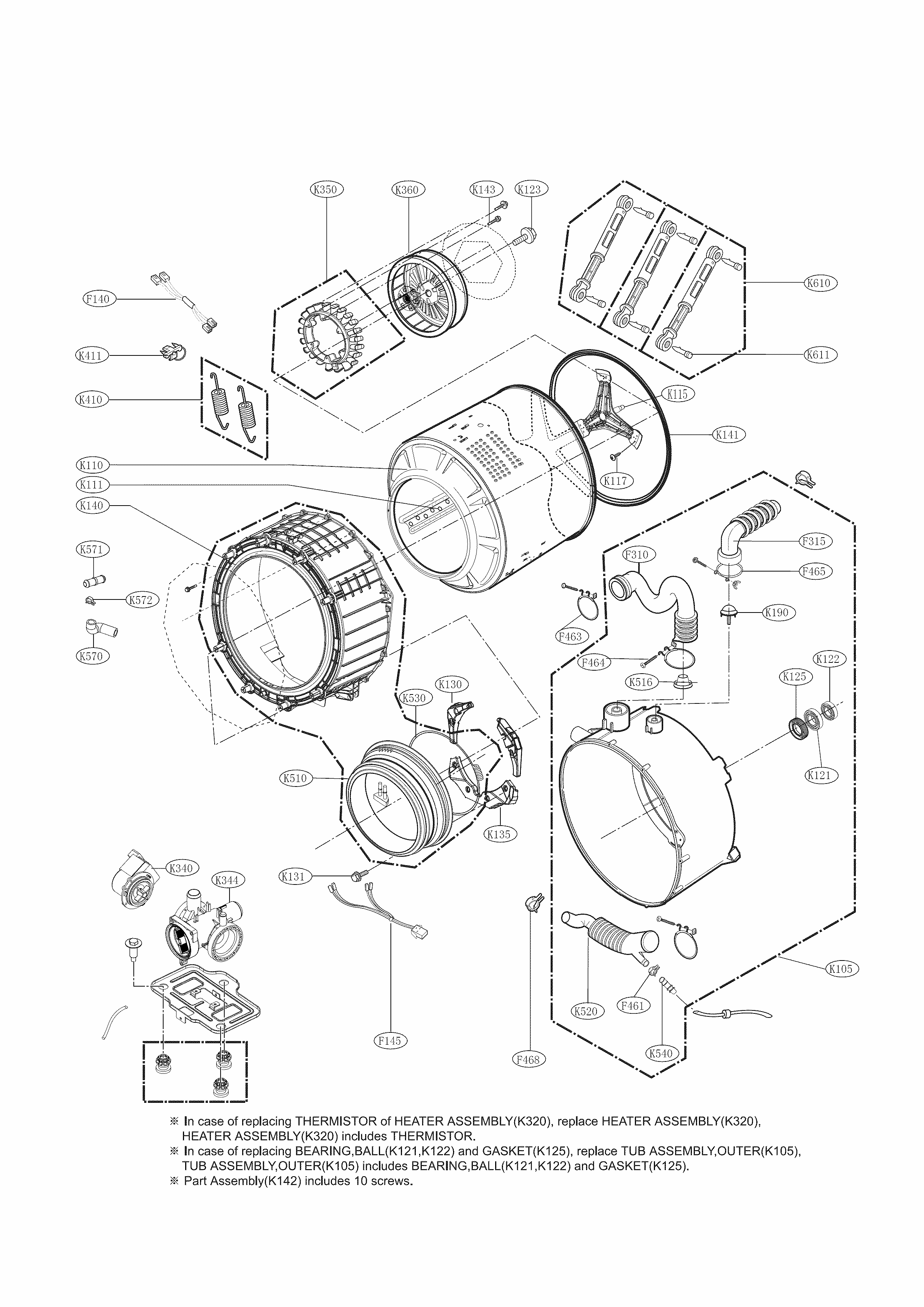 Drum And Tub Parts Diagram and Parts List for 79641162410  Kenmore Washer