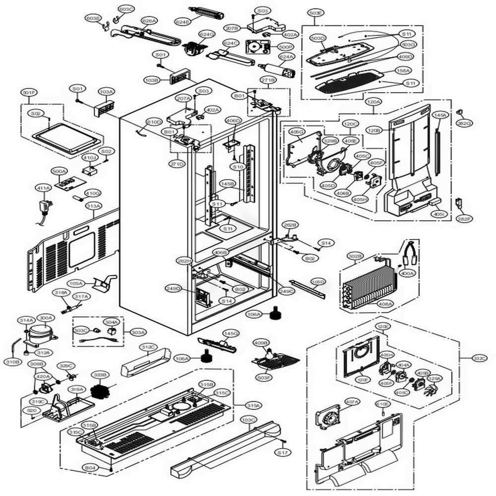 Case Parts Diagram and Parts List for 71054 ABICSE3 LG Refrigerator