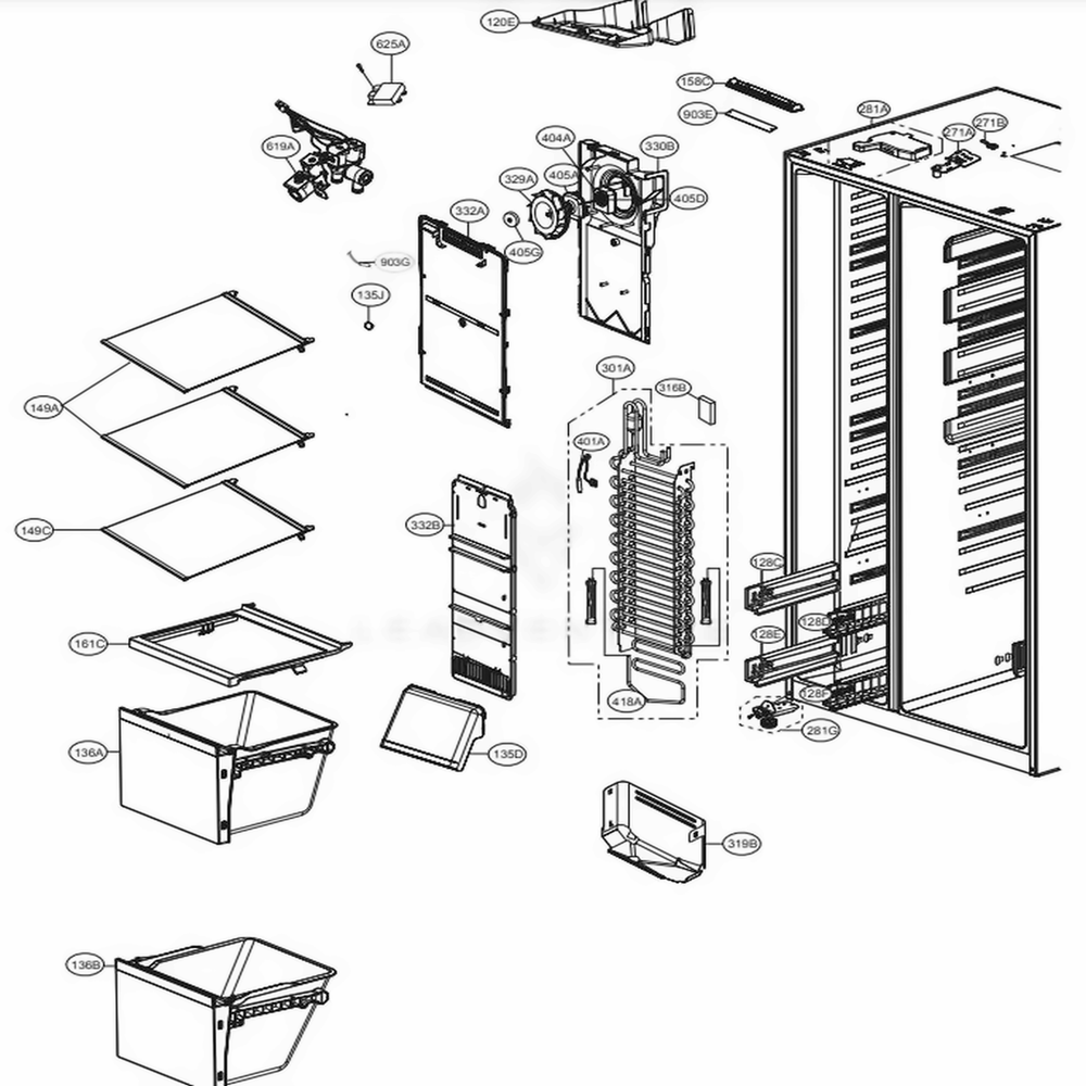 Freezer Compartment Diagram and Parts List for LSXS26386D ASBCNA2 LG Refrigerator