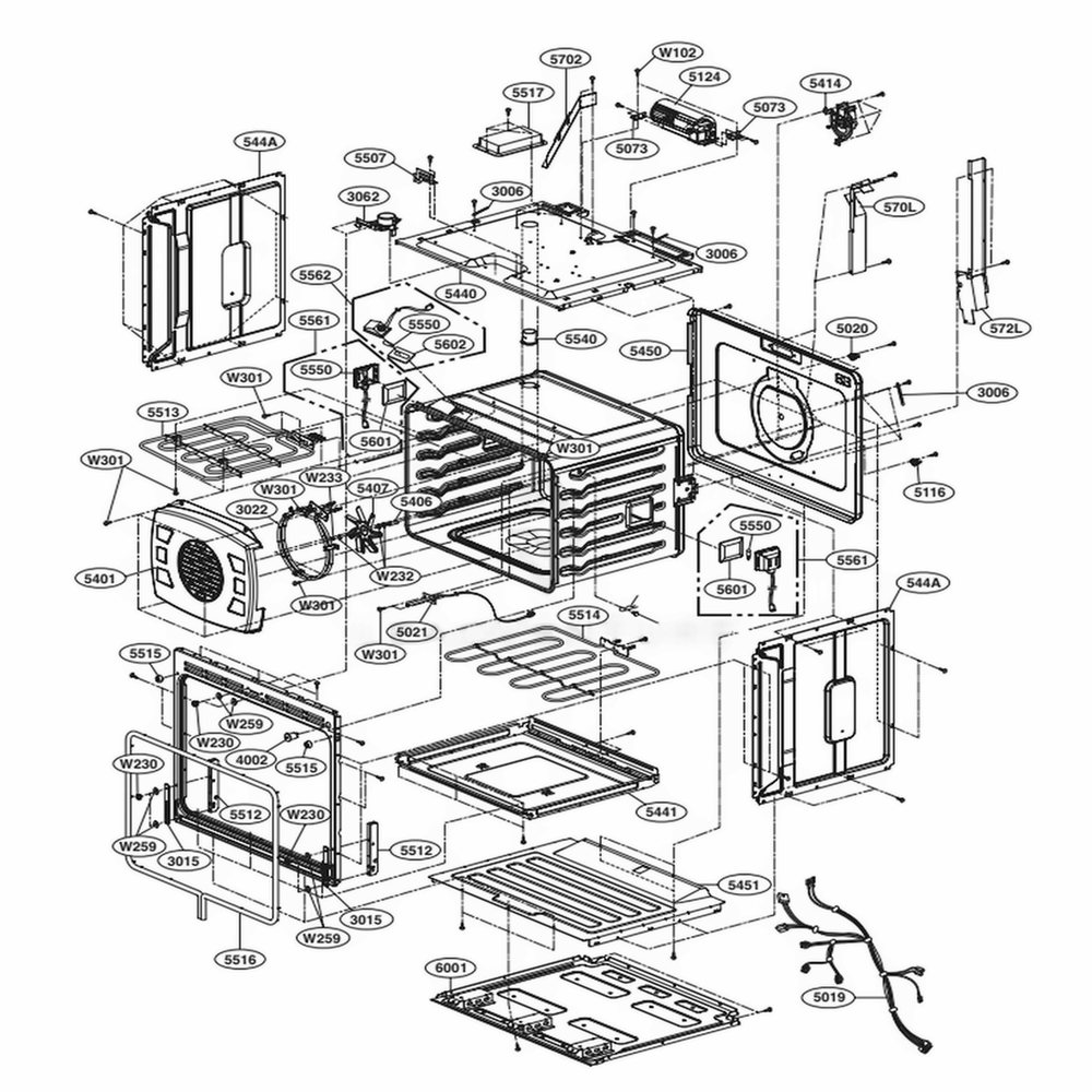 Lower Cavity Parts Diagram and Parts List for LWD3063BD ABDLLGA LG Wall Oven
