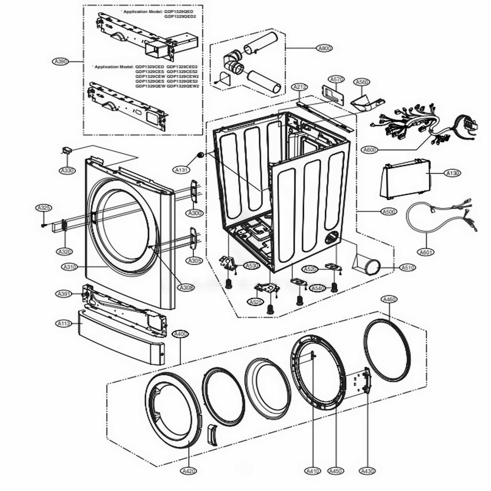 Cabinet And Door Assembly Diagram and Parts List for GDP1329QED2 ASSEELC LG Dryer