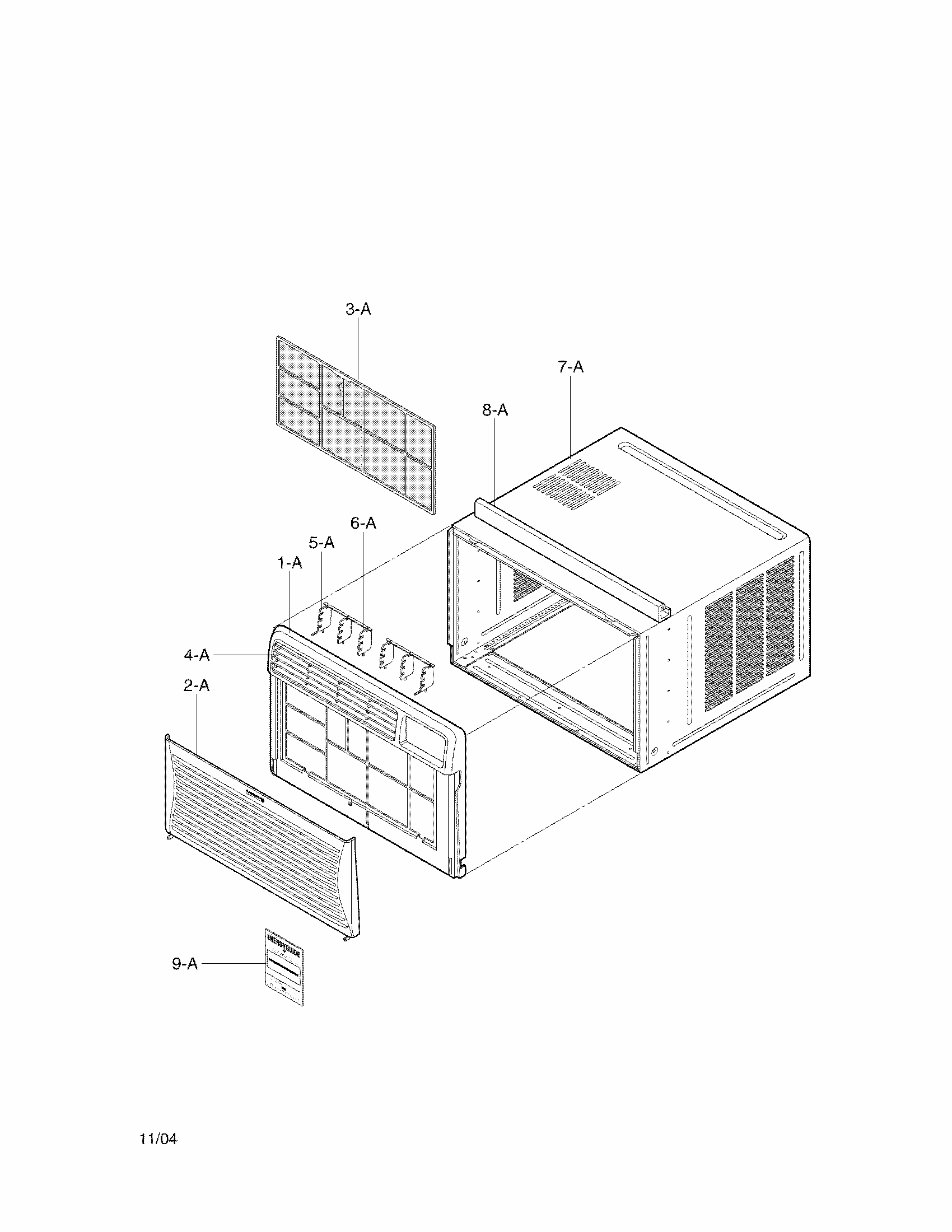 Cabinet And Front Grille Assembly Parts Diagram and Parts List for 58075251900  Kenmore Air Conditioner