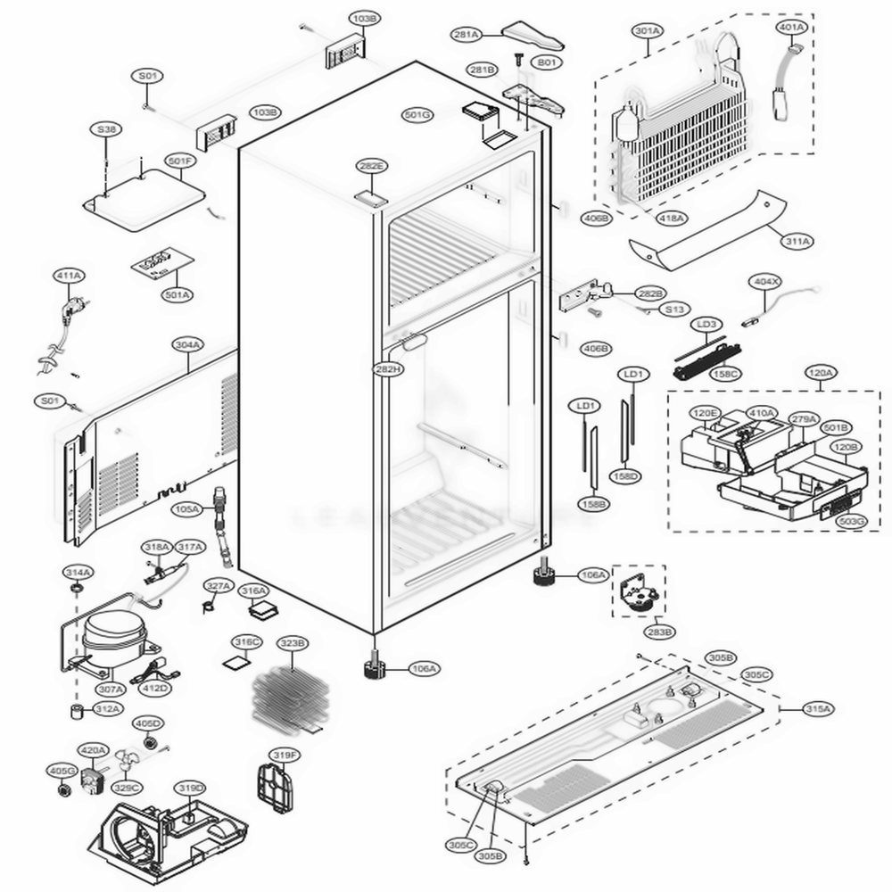 Case Parts Diagram and Parts List for LTCS24223S ASTCNA7 LG Refrigerator