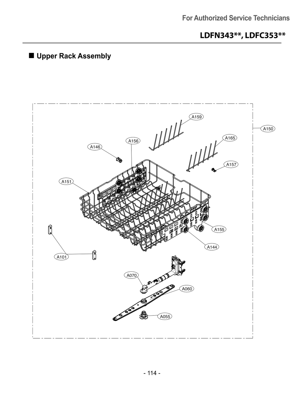 Upper Rack Assembly Diagram and Parts List for LDFC353LS ASSEEUS LG Dishwasher
