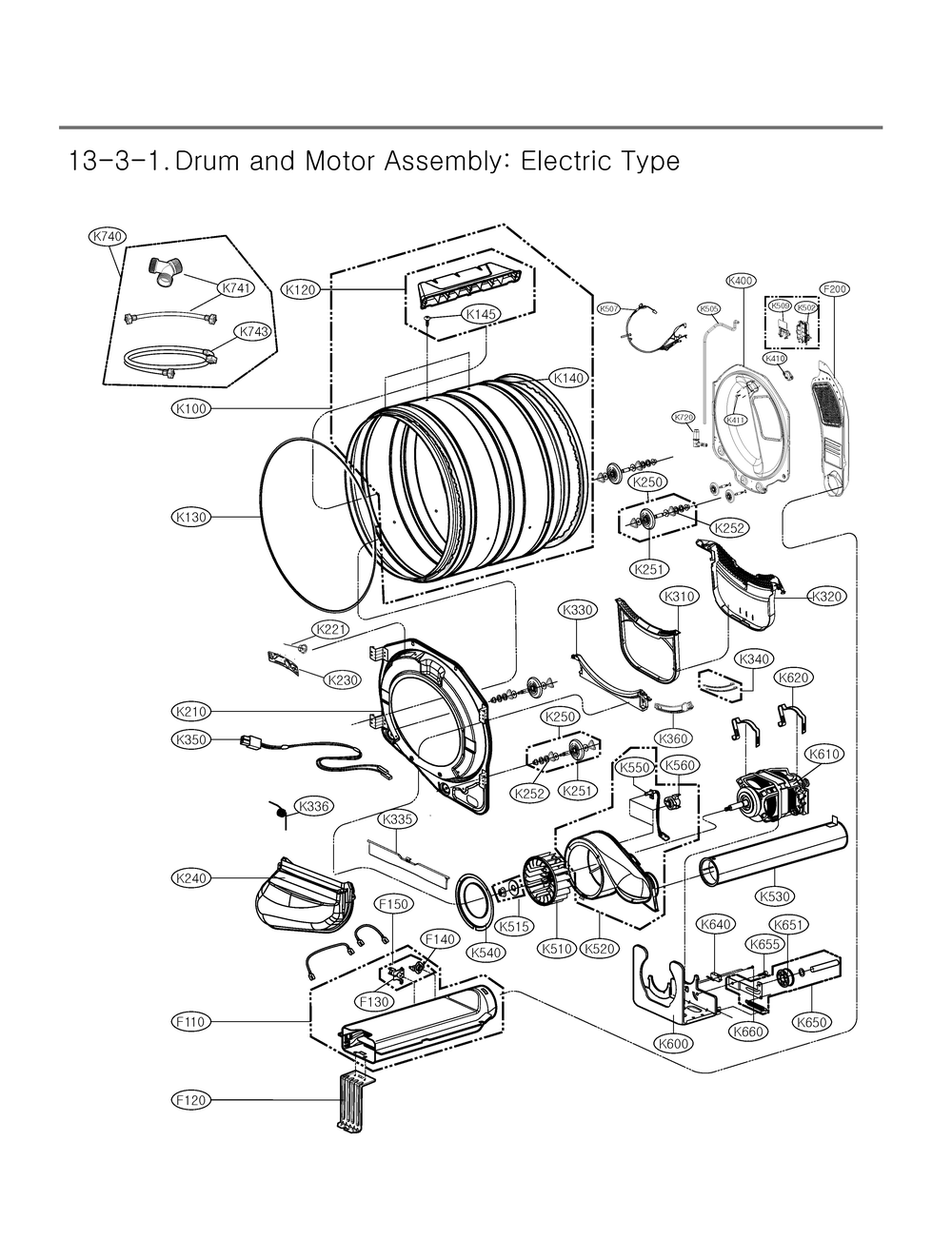 Drum And Motor Assembly Diagram and Parts List for DLEX4080W ABWEEUS LG Dryer