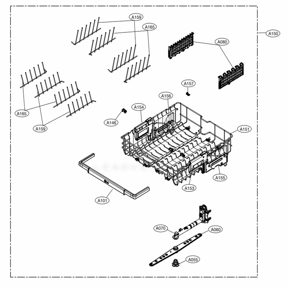 Upper Rack Assembly Diagram and Parts List for LUDP8997SN ASTEEUS LG Dishwasher