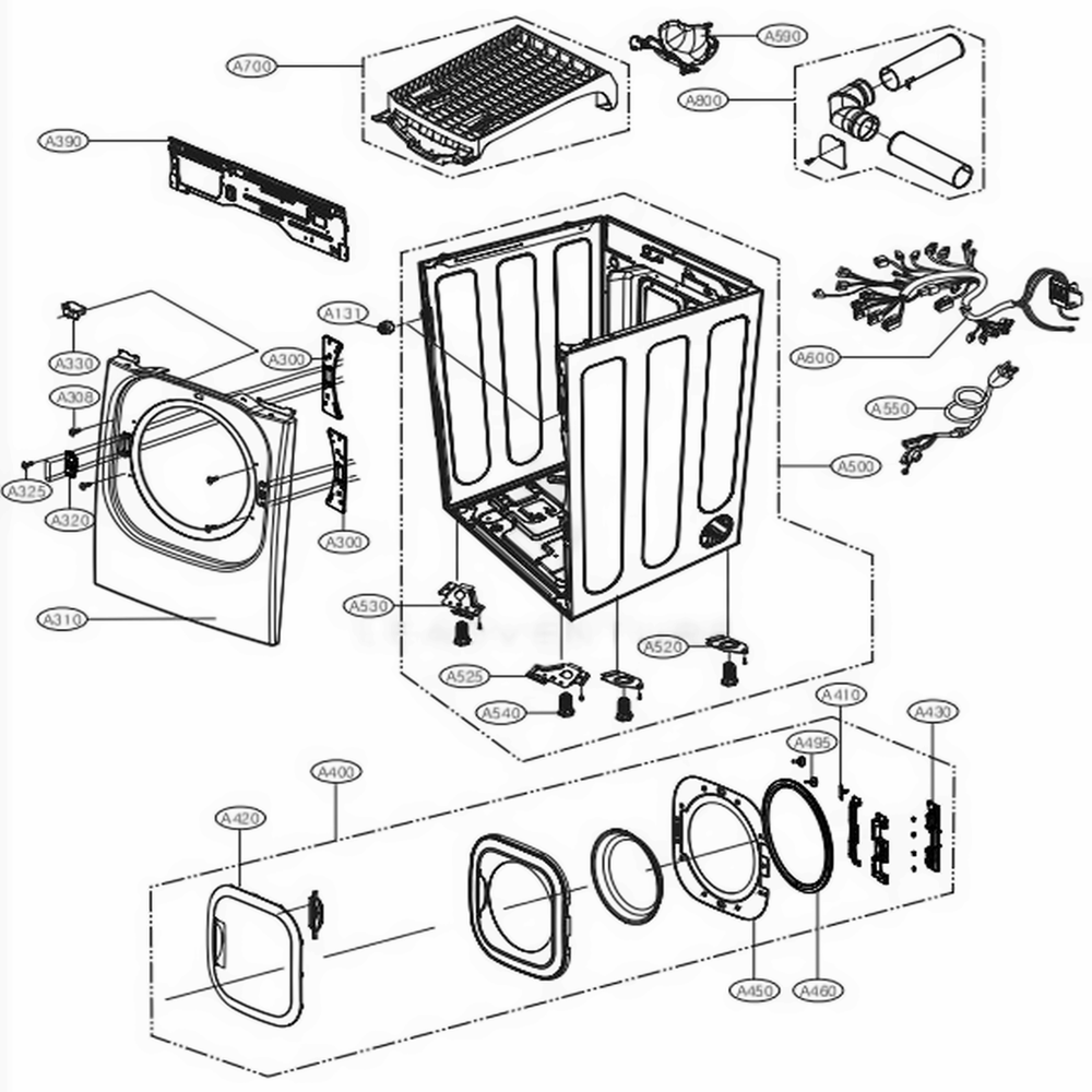 Cabinet And Door Assembly Gas Type Diagram and Parts List for DLGX2802L ARBEEUS LG Dryer