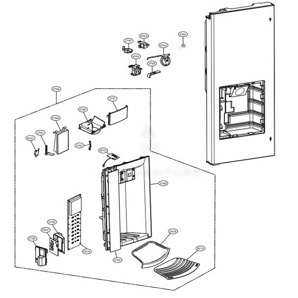 Dispenser Parts Diagram and Parts List for LFX28978SW ASWCNA4 LG Refrigerator
