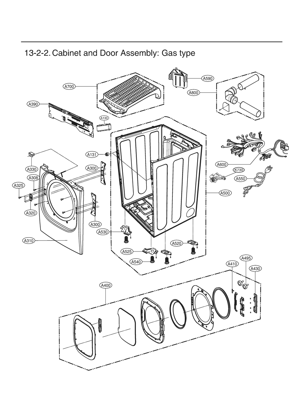 Cabinet And Door Assembly Diagram and Parts List for RN13B2HS ABSEEUS LG Dryer