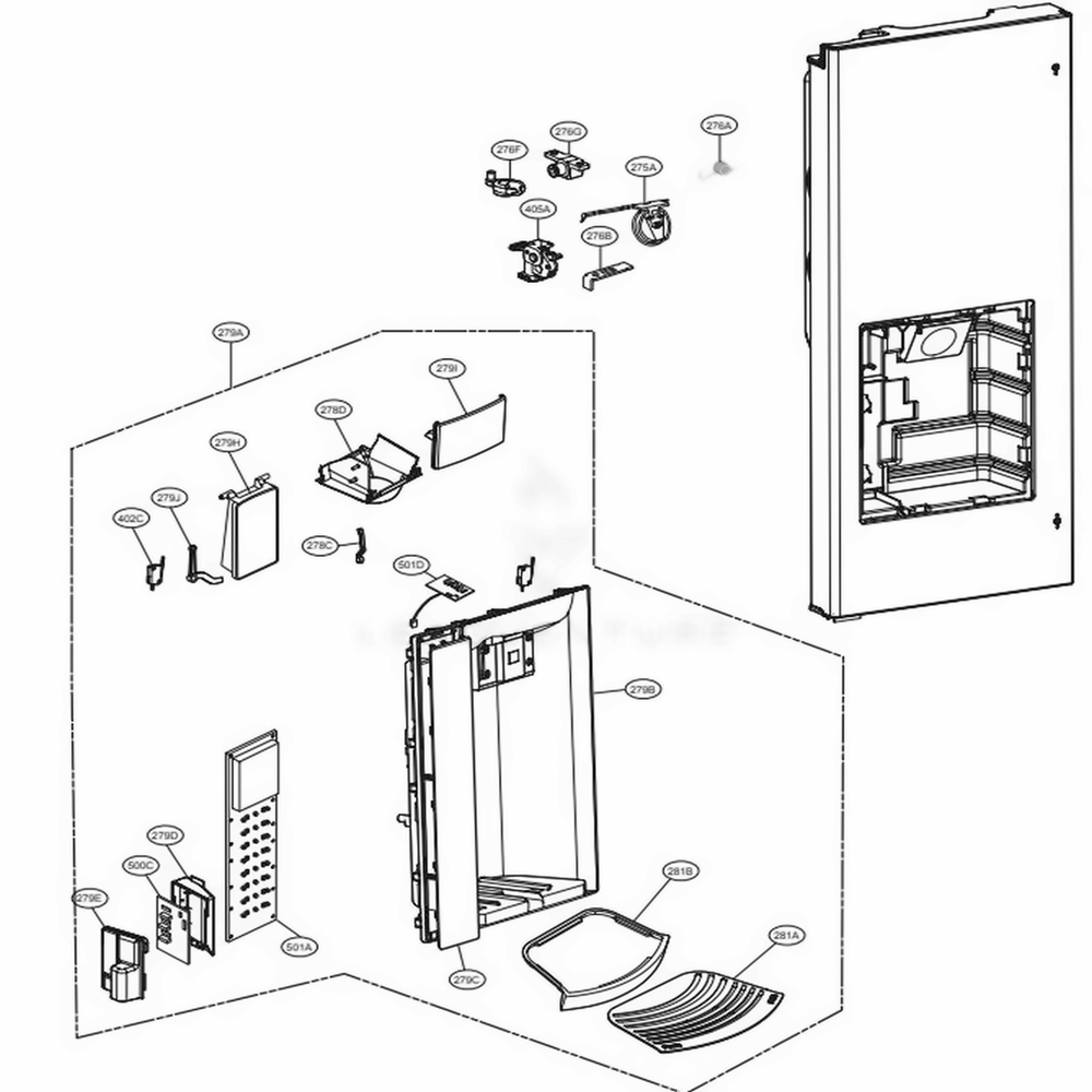 Dispenser Parts Diagram and Parts List for LFXS27566S ASTCNA1 LG Refrigerator