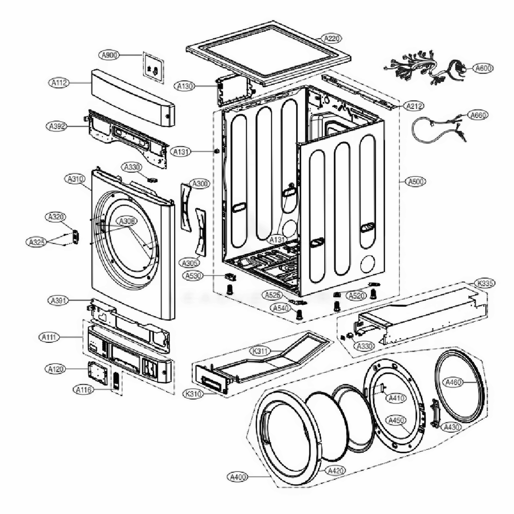 Control Panel And Cabinet And Cabinet Cover Assembly - Stack Coin Type Upper Diagram and Parts List for TCD1870QGG ASSEELC LG Dryer