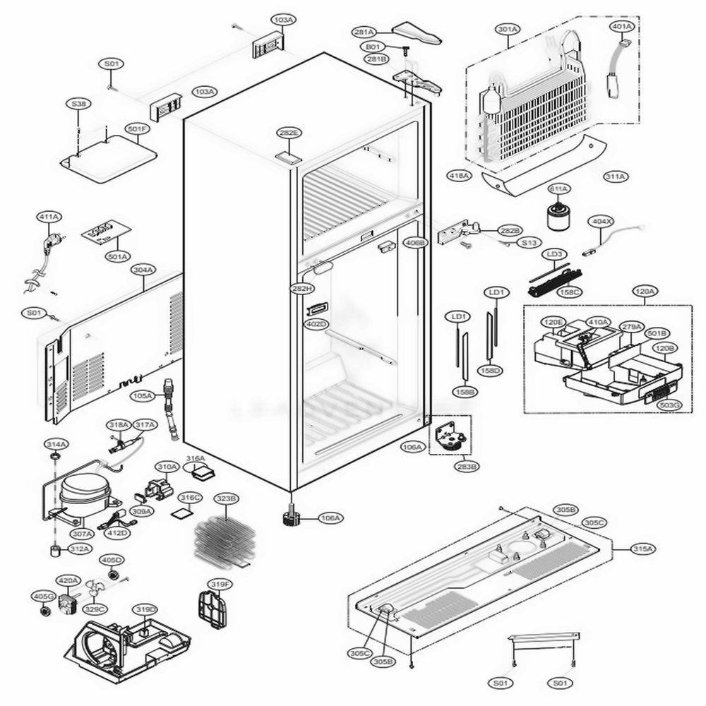 Case Parts Diagram and Parts List for 79439 AWBCSE3 LG Refrigerator