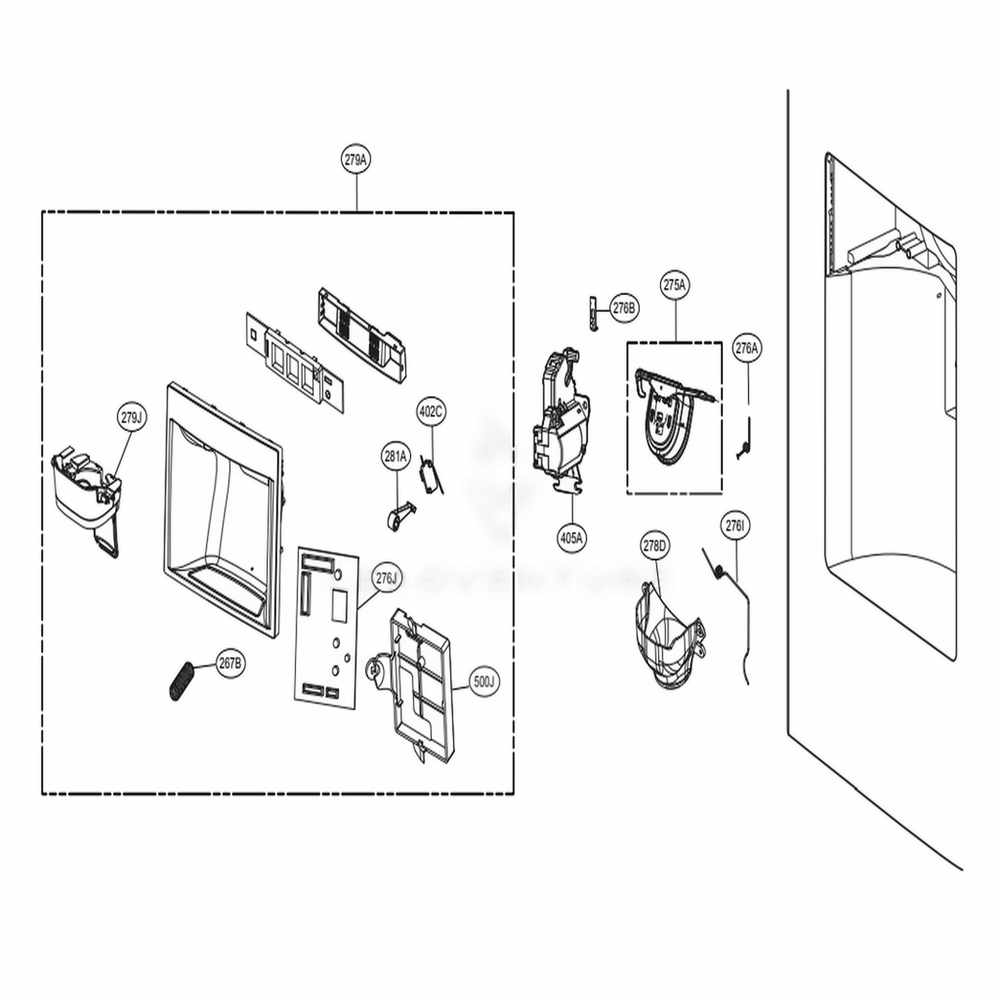 Dispenser Parts Diagram and Parts List for 73165 ANSCSE0 LG Refrigerator
