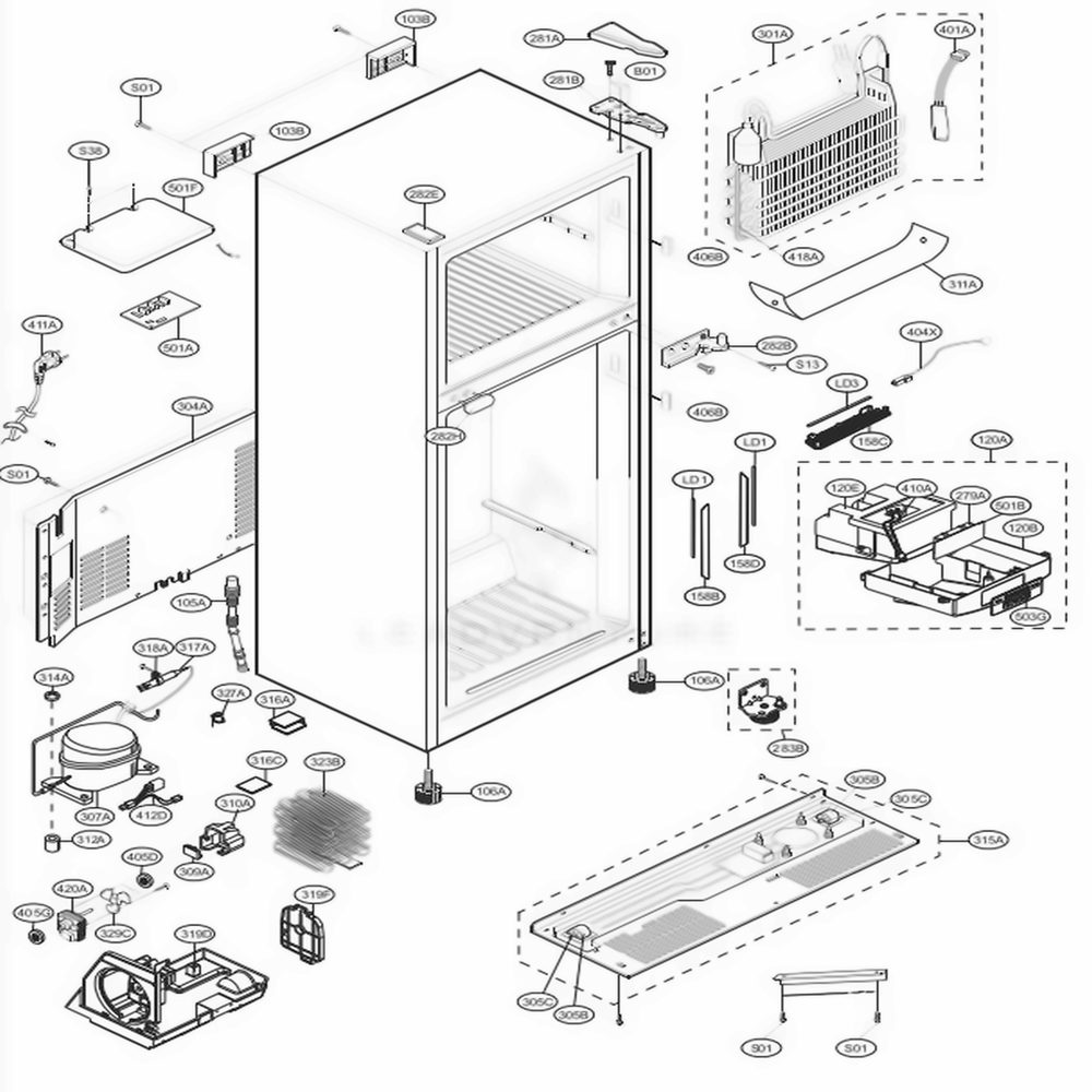 Case Parts Diagram and Parts List for LTCS24223B AWBCNA3 LG Refrigerator