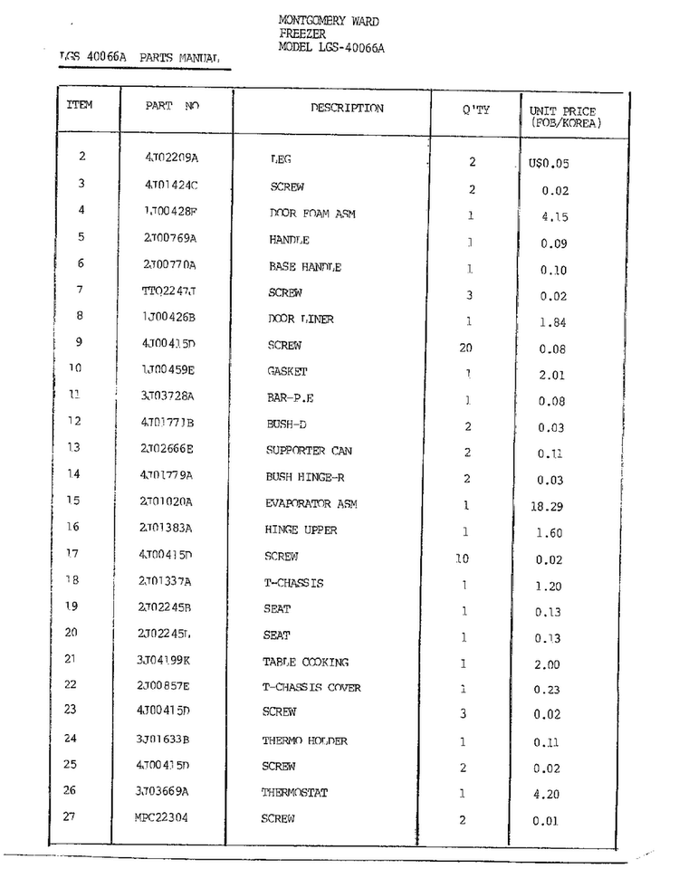 Freezer Page 2 Diagram and Parts List for 40066A  LG Freezer
