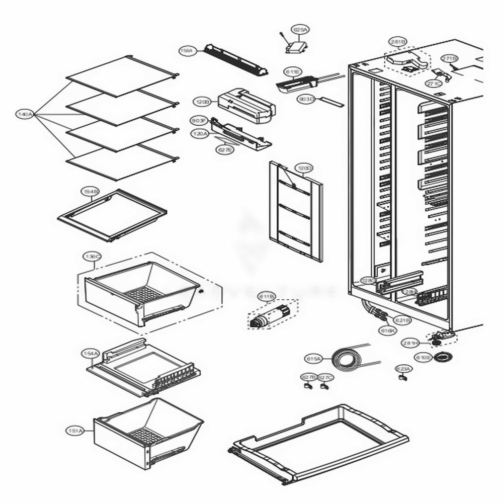 Refrigerator Compartment Diagram and Parts List for LSXC22486S ASTCNA0 LG Refrigerator