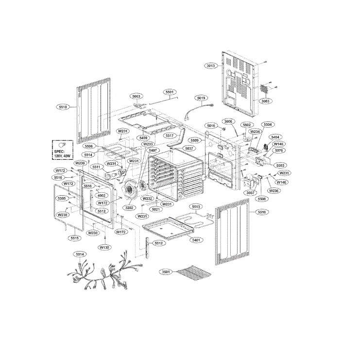 Cavity Diagram and Parts List for LRE30453WW 01 LG Range